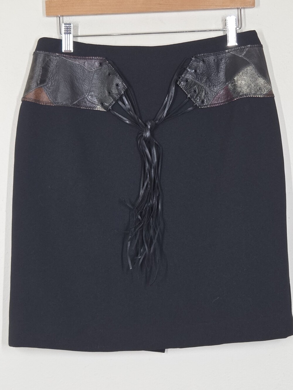 Vtg Alberto Makali Black Skirt Patchwork Leather Waistband Fringe 8 Western Boho